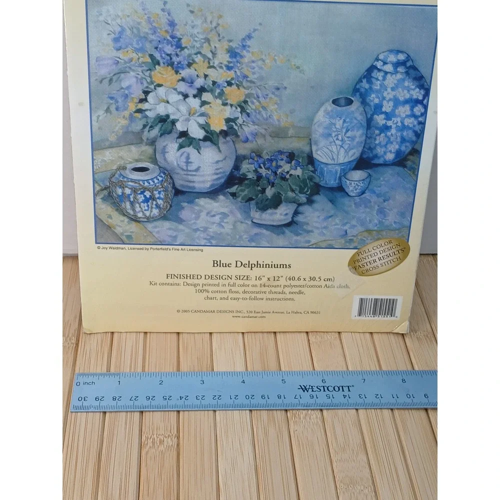 Candamar Designs Blue Delphiniums Embellished Cross Stitch Kit 51551 Joy Waldman